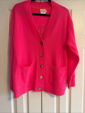Brodie Cashmere Bright Pink Evil Eye Cardigan Sweater XS V Neck Button Front
